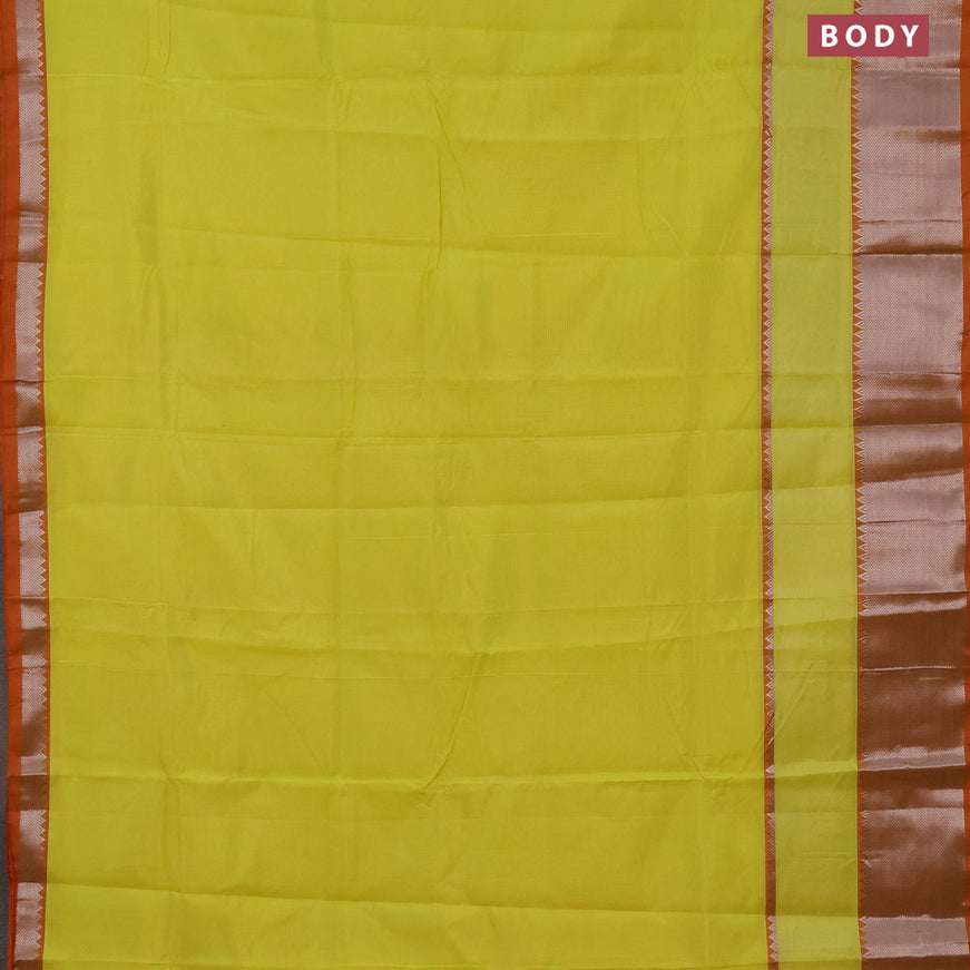 Semi mangalgiri silk saree lime yellow and red with plain body and silver zari woven border