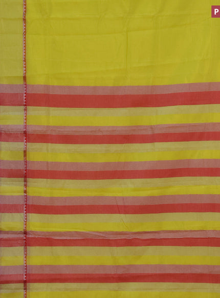 Semi mangalgiri silk saree lime yellow and red with plain body and silver zari woven border