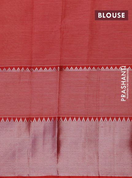 Semi mangalgiri silk saree lime yellow and red with plain body and silver zari woven border