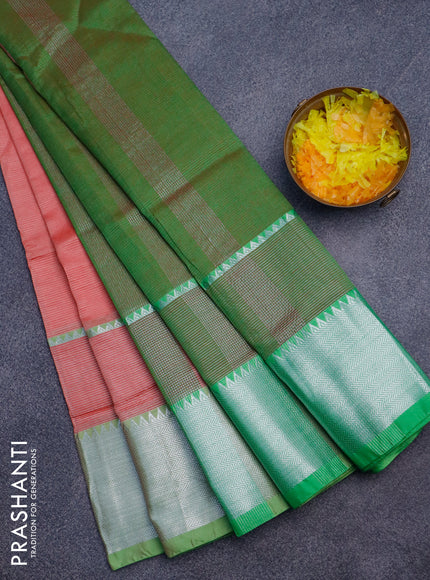 Semi mangalgiri silk saree pink shade and light green with plain body and silver zari woven border