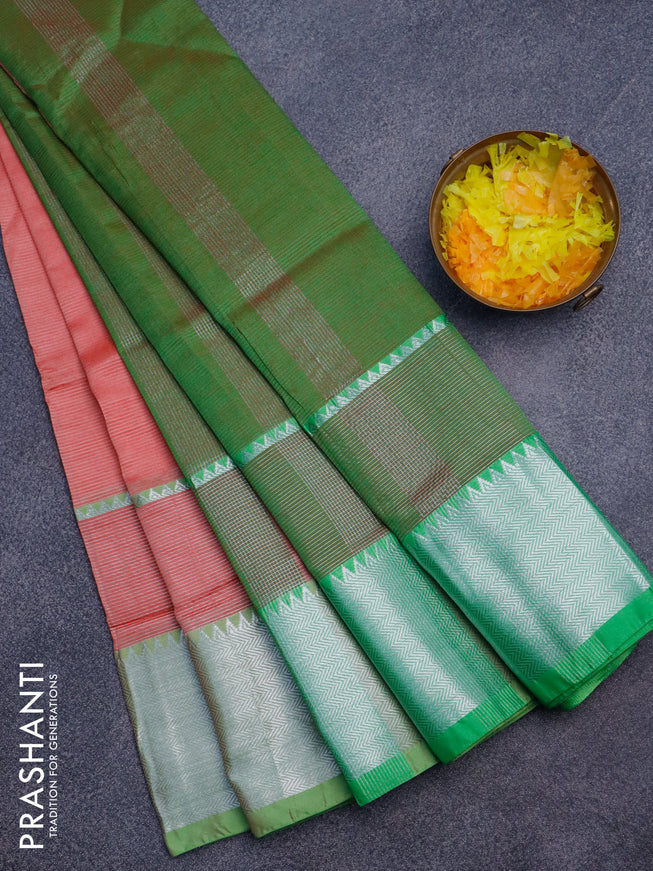 Semi mangalgiri silk saree pink shade and light green with plain body and silver zari woven border