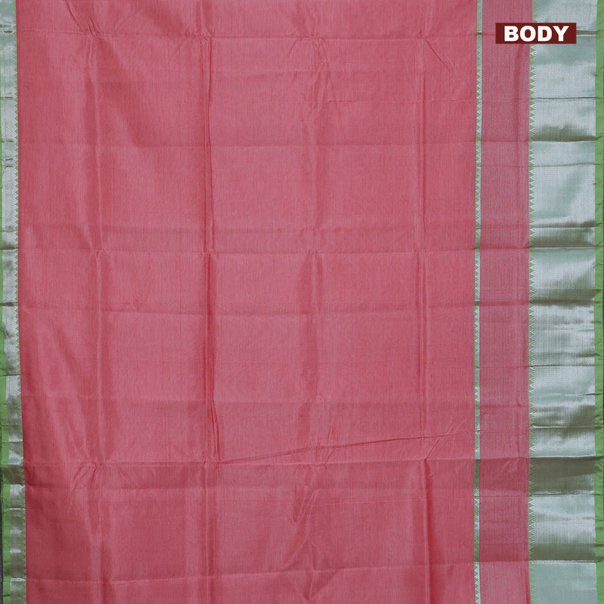 Semi mangalgiri silk saree pink shade and light green with plain body and silver zari woven border