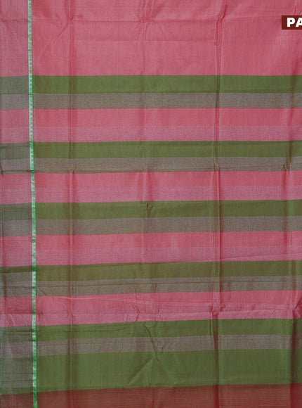 Semi mangalgiri silk saree pink shade and light green with plain body and silver zari woven border