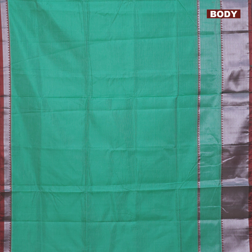 Semi mangalgiri silk saree teal green and red with plain body and silver zari woven border