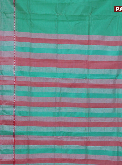 Semi mangalgiri silk saree teal green and red with plain body and silver zari woven border