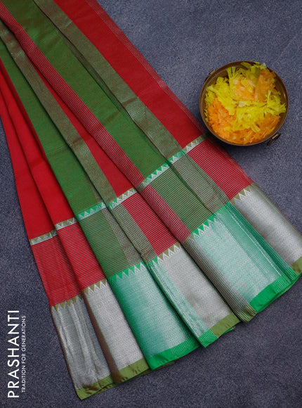 Semi mangalgiri silk saree pink and light green with plain body and silver zari woven border