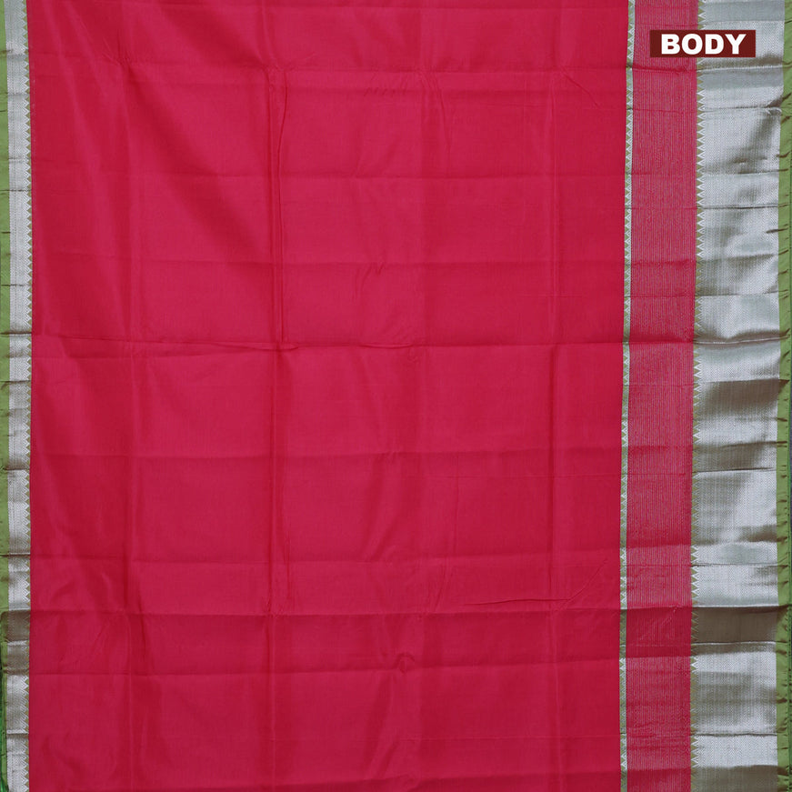 Semi mangalgiri silk saree pink and light green with plain body and silver zari woven border