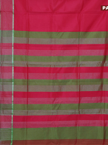 Semi mangalgiri silk saree pink and light green with plain body and silver zari woven border