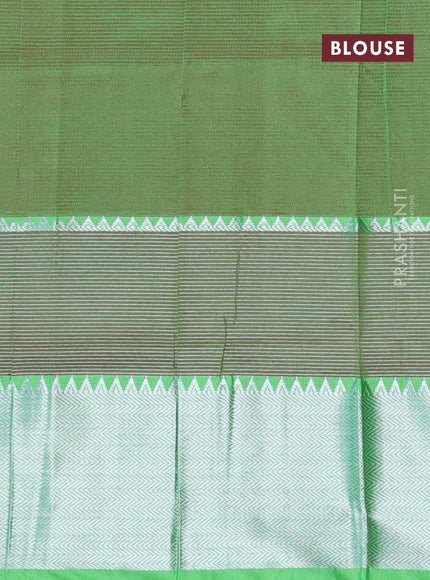 Semi mangalgiri silk saree pink and light green with plain body and silver zari woven border