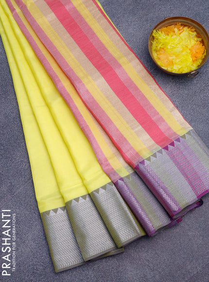 Semi mangalgiri silk saree lime yellow and pink with plain body and silver zari woven border