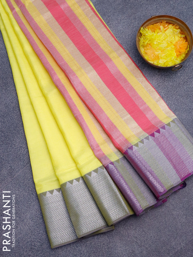 Semi mangalgiri silk saree lime yellow and pink with plain body and silver zari woven border