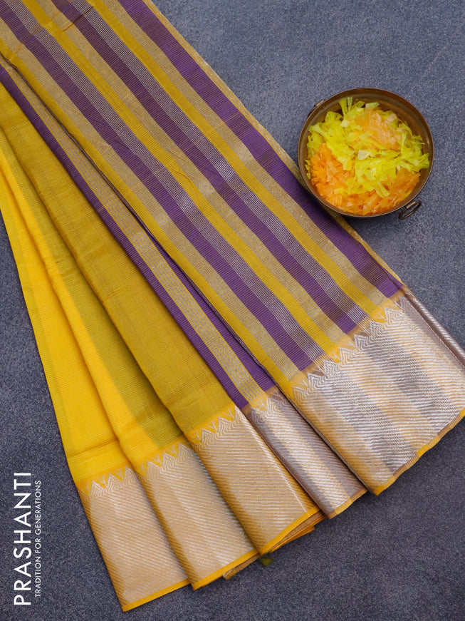 Semi mangalgiri silk saree yellow and blue with plain body and silver zari woven border