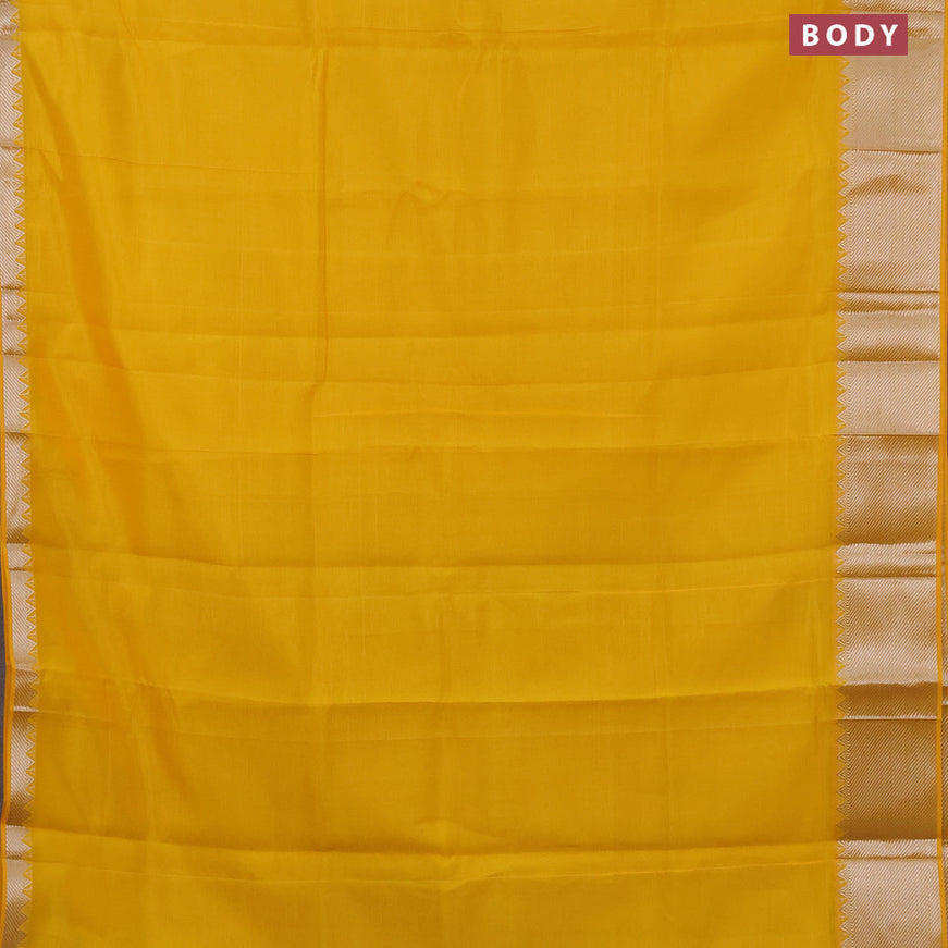 Semi mangalgiri silk saree yellow and blue with plain body and silver zari woven border