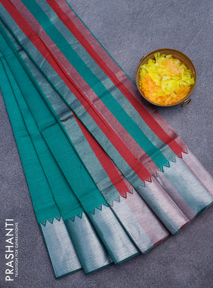 Semi mangalgiri silk saree green and maroon with plain body and silver zari woven border