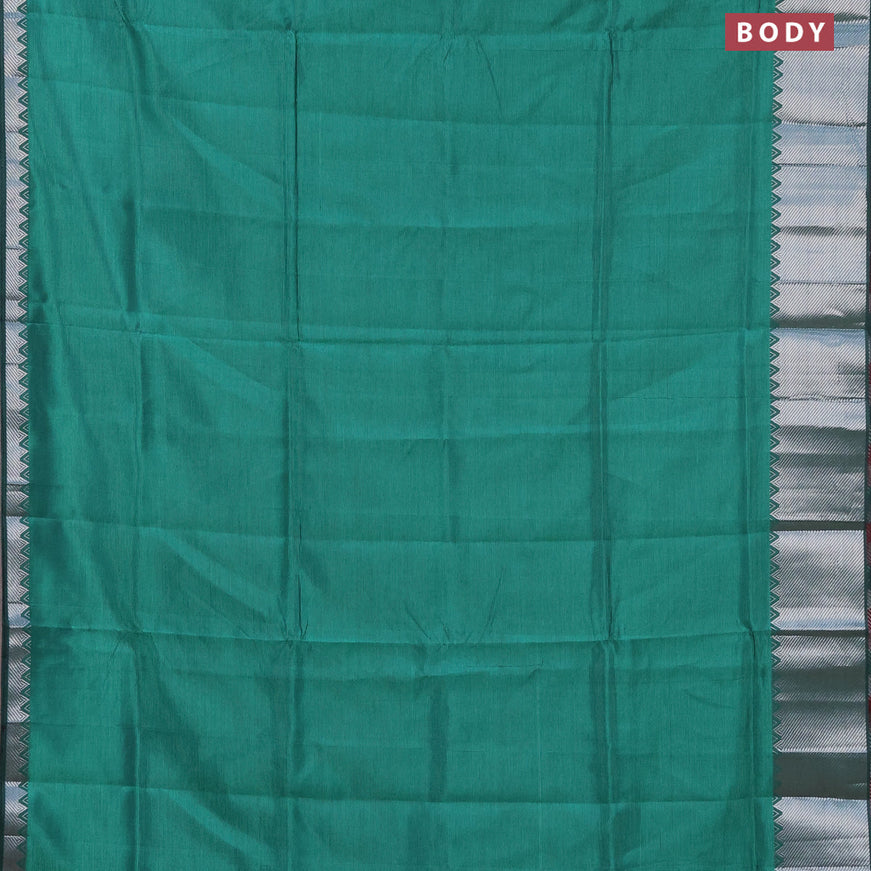 Semi mangalgiri silk saree green and maroon with plain body and silver zari woven border