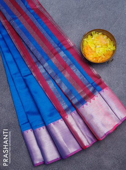 Semi mangalgiri silk saree cs blue and pink with plain body and silver zari woven border