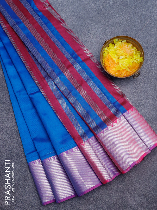 Semi mangalgiri silk saree cs blue and pink with plain body and silver zari woven border