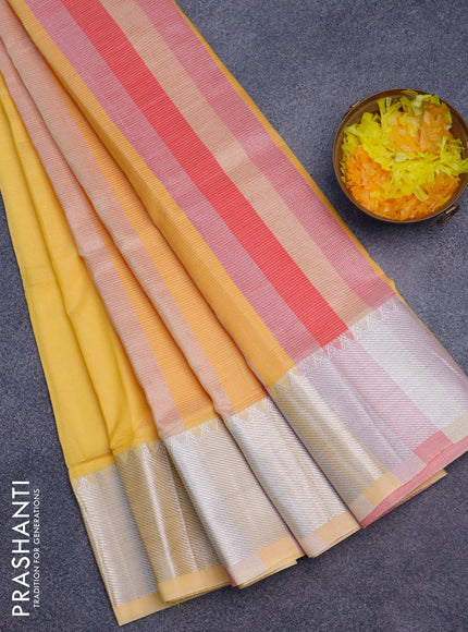 Semi mangalgiri silk saree yellow and dual shade of pink with plain body and silver zari woven border