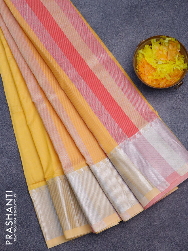 Semi mangalgiri silk saree yellow and dual shade of pink with plain body and silver zari woven border