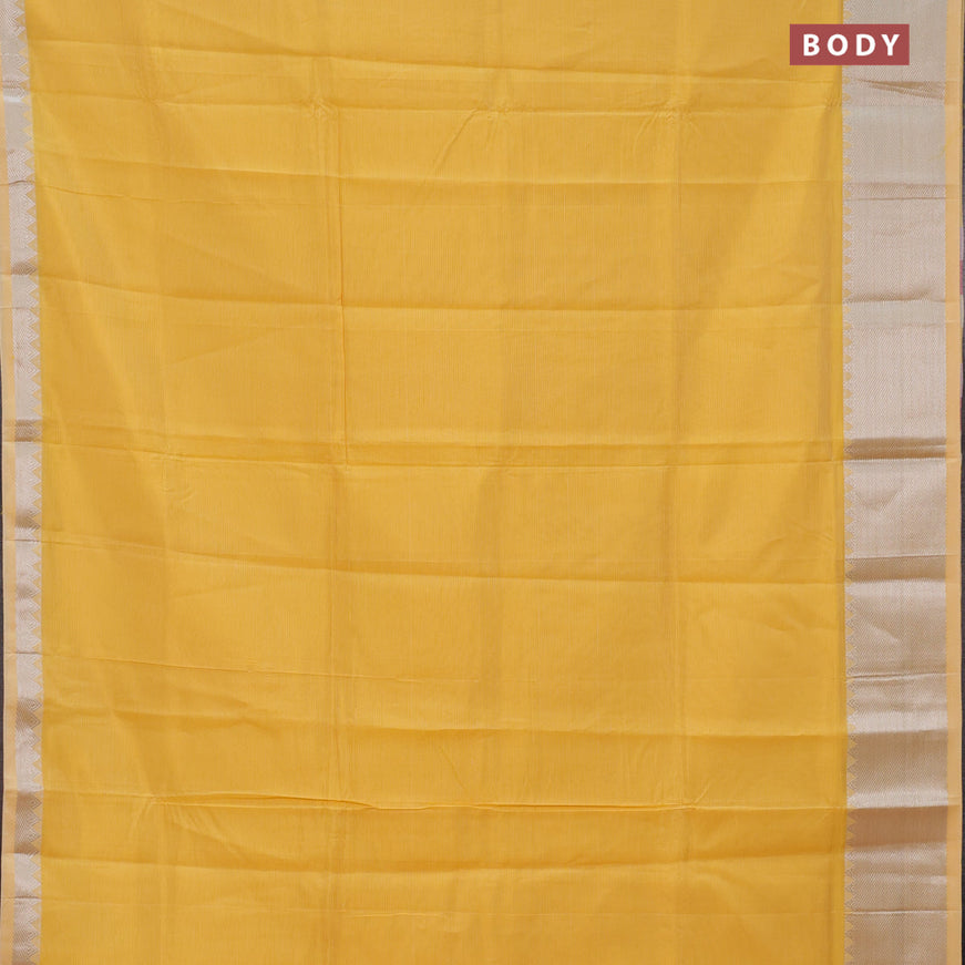 Semi mangalgiri silk saree yellow and dual shade of pink with plain body and silver zari woven border