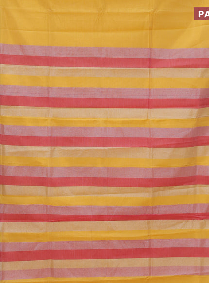 Semi mangalgiri silk saree yellow and dual shade of pink with plain body and silver zari woven border