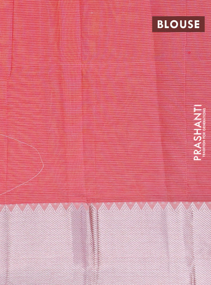 Semi mangalgiri silk saree yellow and dual shade of pink with plain body and silver zari woven border