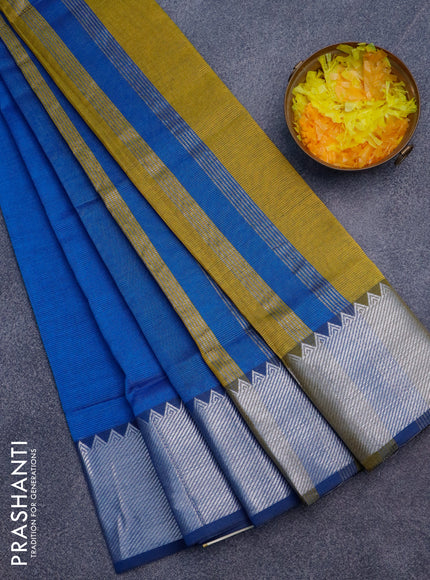 Semi mangalgiri silk saree cs blue and mustard shade with plain body and silver zari woven border