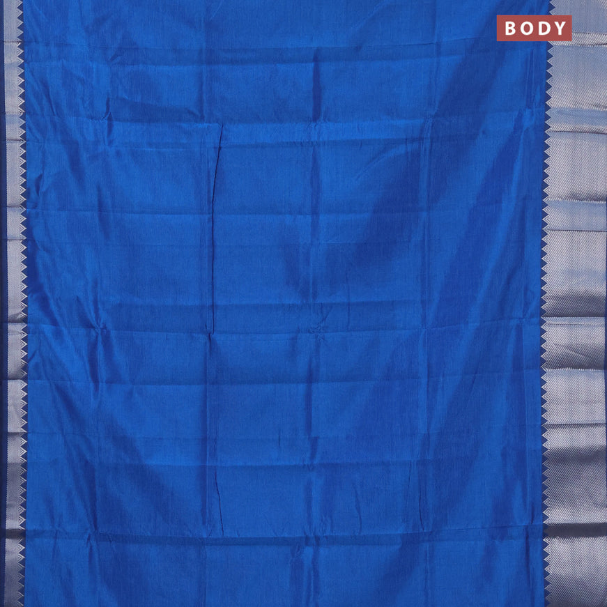 Semi mangalgiri silk saree cs blue and mustard shade with plain body and silver zari woven border