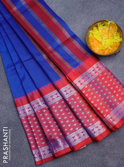 Semi mangalgiri silk saree blue and dark pink with plain body and long temple design silver zari woven border