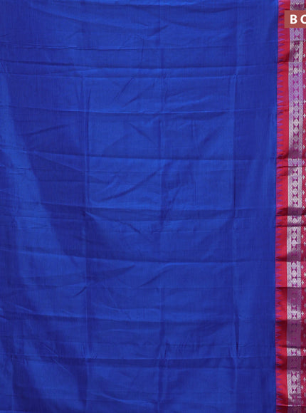 Semi mangalgiri silk saree blue and dark pink with plain body and long temple design silver zari woven border