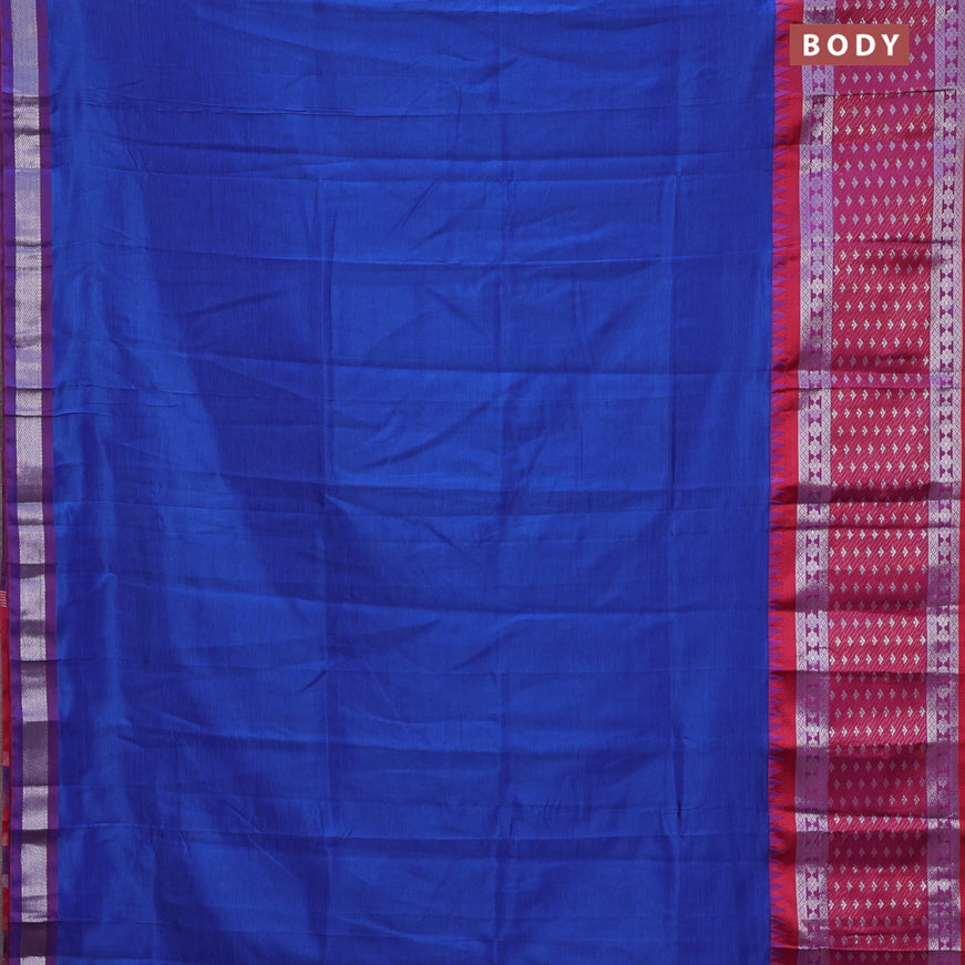 Semi mangalgiri silk saree blue and dark pink with plain body and long temple design silver zari woven border