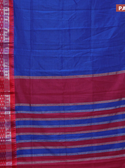 Semi mangalgiri silk saree blue and dark pink with plain body and long temple design silver zari woven border