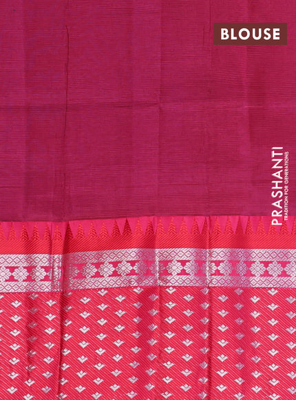 Semi mangalgiri silk saree blue and dark pink with plain body and long temple design silver zari woven border