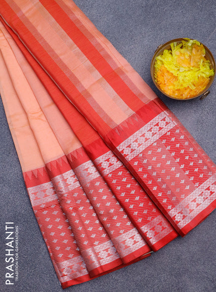 Semi mangalgiri silk saree peach orange and red with plain body and long temple design silver zari woven border