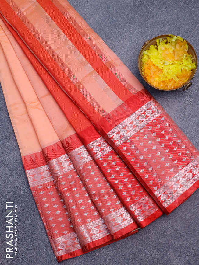 Semi mangalgiri silk saree peach orange and red with plain body and long temple design silver zari woven border