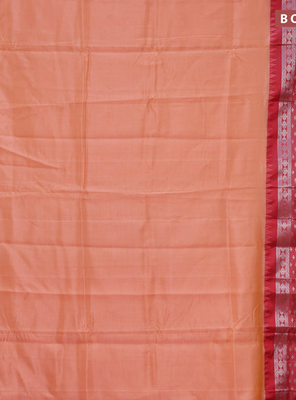 Semi mangalgiri silk saree peach orange and red with plain body and long temple design silver zari woven border