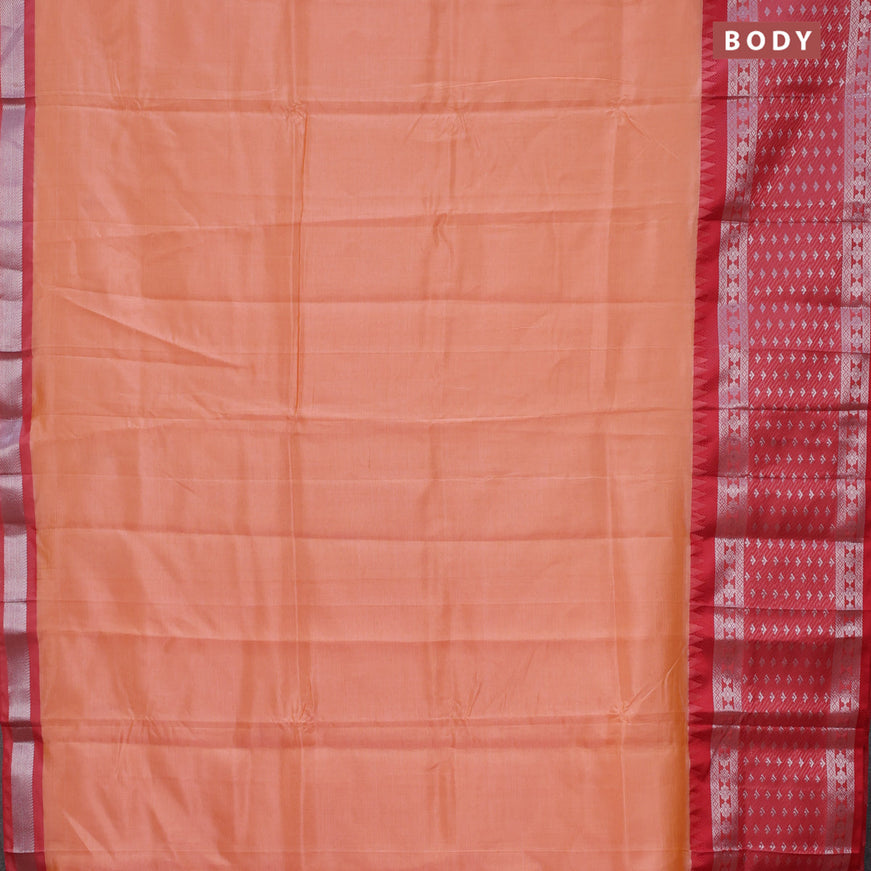 Semi mangalgiri silk saree peach orange and red with plain body and long temple design silver zari woven border