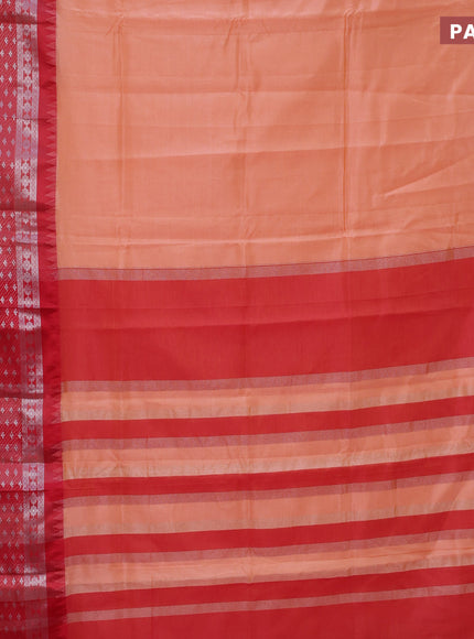 Semi mangalgiri silk saree peach orange and red with plain body and long temple design silver zari woven border