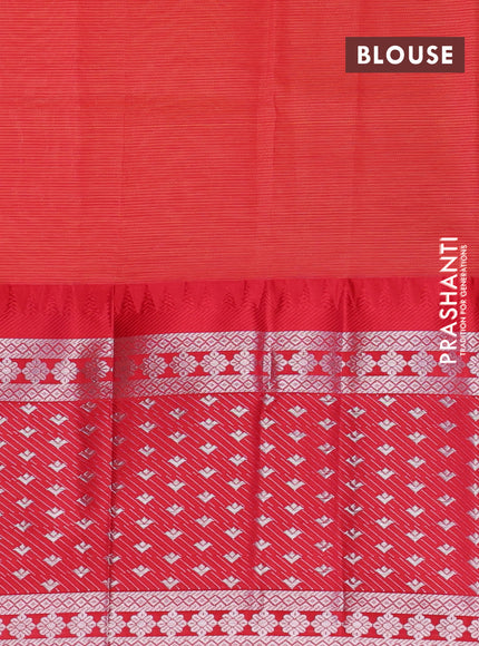 Semi mangalgiri silk saree peach orange and red with plain body and long temple design silver zari woven border