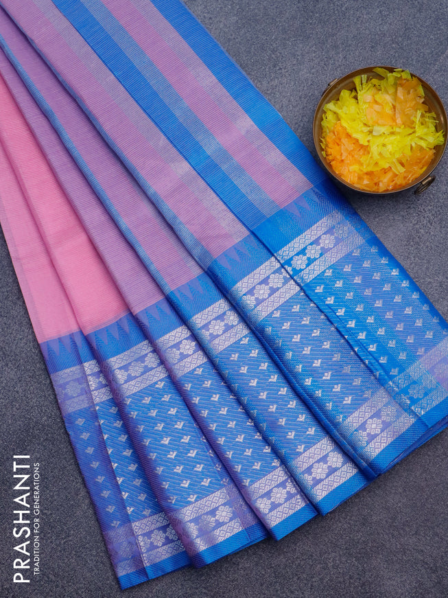 Semi mangalgiri silk saree light pink and blue with plain body and long temple design silver zari woven border