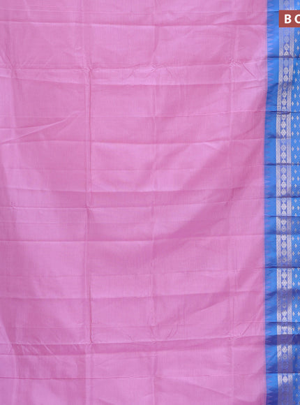 Semi mangalgiri silk saree light pink and blue with plain body and long temple design silver zari woven border