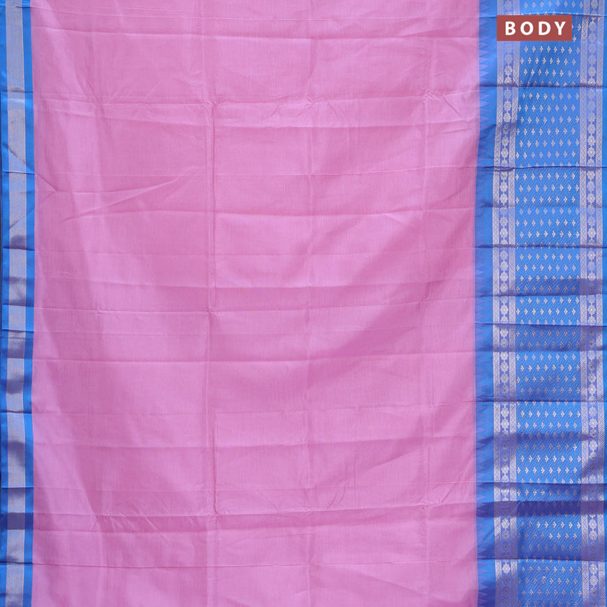 Semi mangalgiri silk saree light pink and blue with plain body and long temple design silver zari woven border