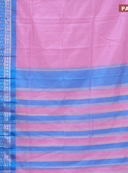 Semi mangalgiri silk saree light pink and blue with plain body and long temple design silver zari woven border