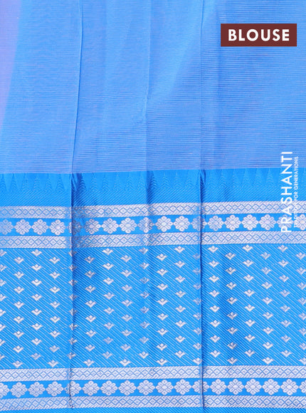 Semi mangalgiri silk saree light pink and blue with plain body and long temple design silver zari woven border