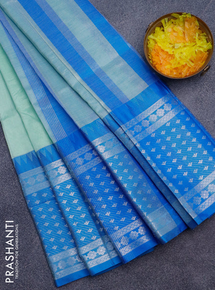 Semi mangalgiri silk saree pastel green and blue with plain body and long temple design silver zari woven border