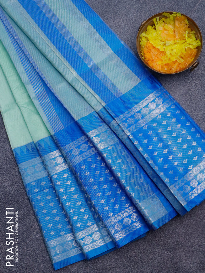 Semi mangalgiri silk saree pastel green and blue with plain body and long temple design silver zari woven border