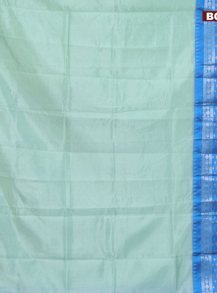 Semi mangalgiri silk saree pastel green and blue with plain body and long temple design silver zari woven border