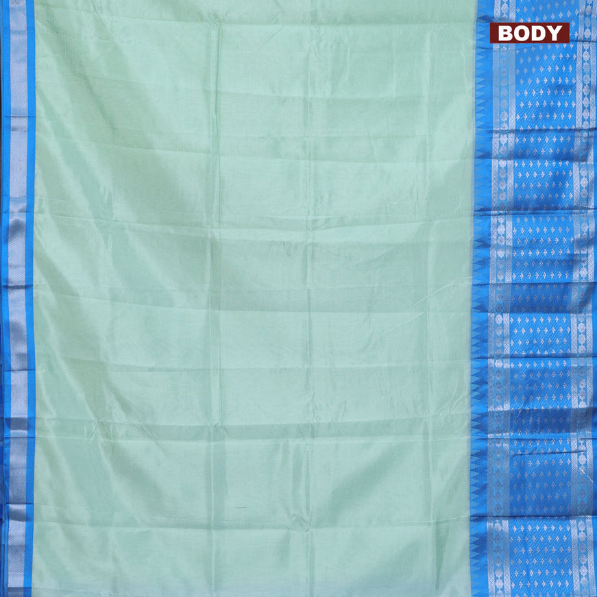 Semi mangalgiri silk saree pastel green and blue with plain body and long temple design silver zari woven border