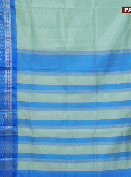 Semi mangalgiri silk saree pastel green and blue with plain body and long temple design silver zari woven border