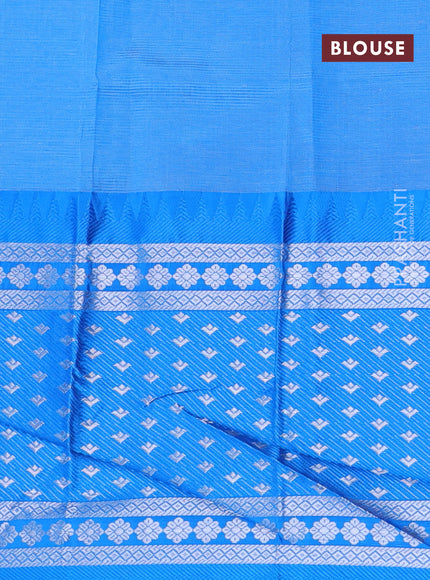 Semi mangalgiri silk saree pastel green and blue with plain body and long temple design silver zari woven border